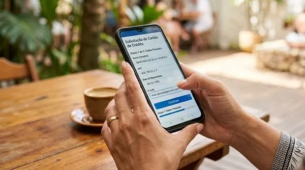Pessoa solicitando cartão de crédito online pelo celular com resposta rápida