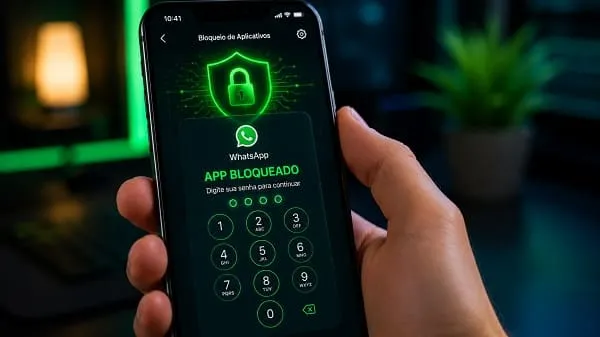 Aplicativo utilitário de segurança bloqueando o WhatsApp com senha no celular.