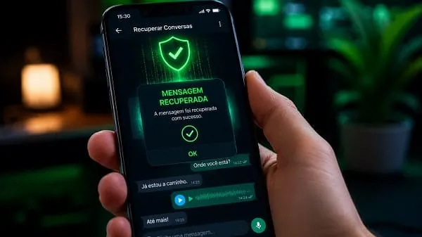Aplicativo utilitário recuperando mensagens apagadas do WhatsApp no celular Android.