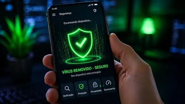 Aplicativo utilitário de antivírus escaneando e removendo vírus do celular Android de forma segura.