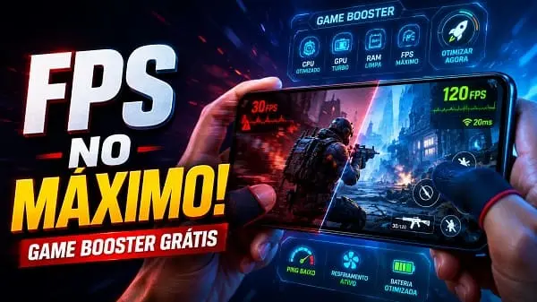 Interface de aplicativo utilitário acelerando e aumentando o FPS de jogos no celular.
