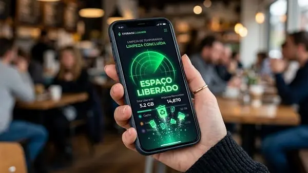 Interface de aplicativo utilitário limpando o lixo eletrônico para liberar espaço no celular.