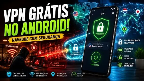 Aplicativo utilitário ativando uma conexão VPN criptografada e segura no celular Android.
